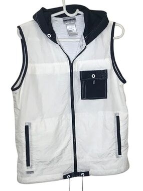 Finlha Sport Hooded Zip Vest Womens  White Navy Sleeveless Nylon Windbreaker